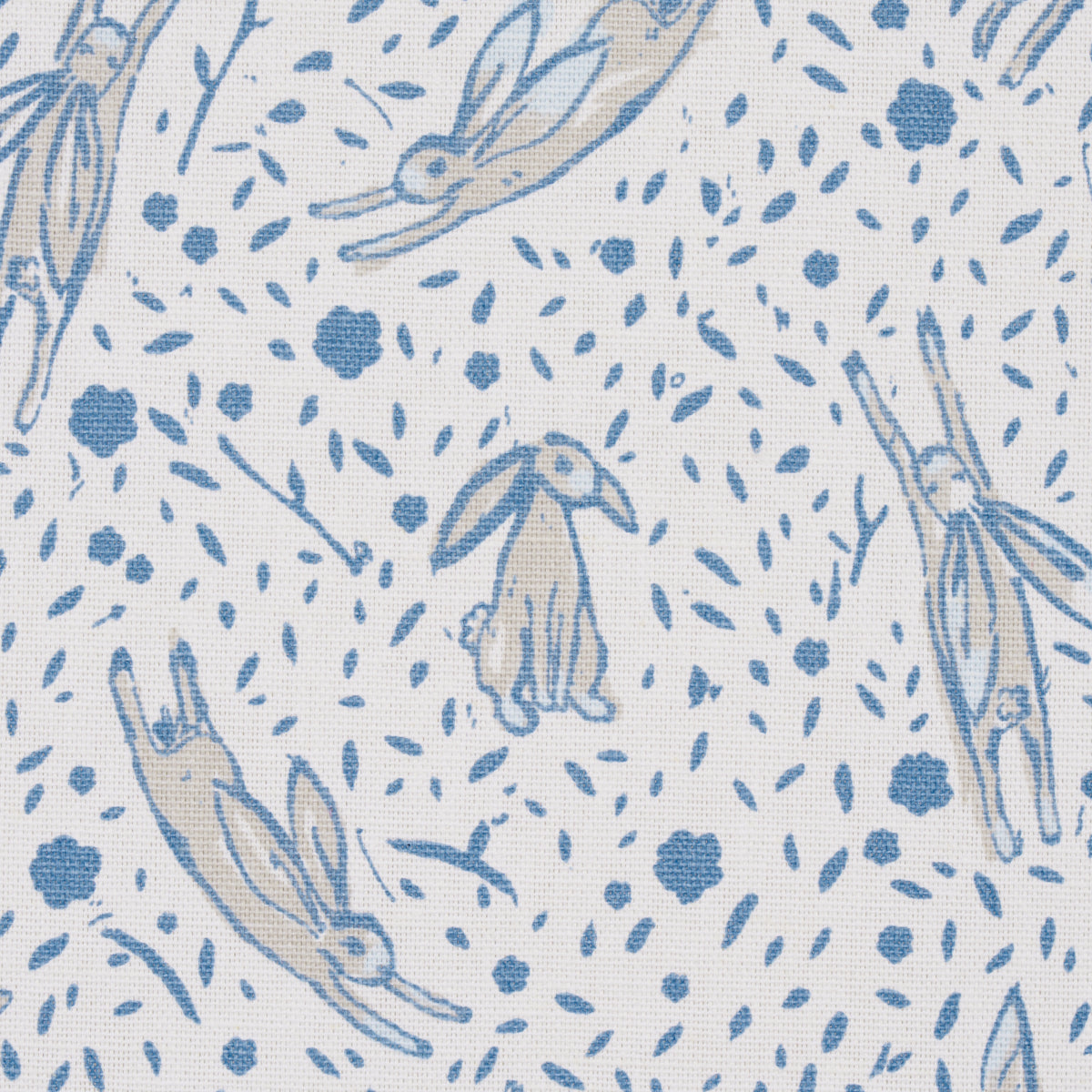 Light blue bunny print on white fabric; whimsical bunnies among scattered leaves.
