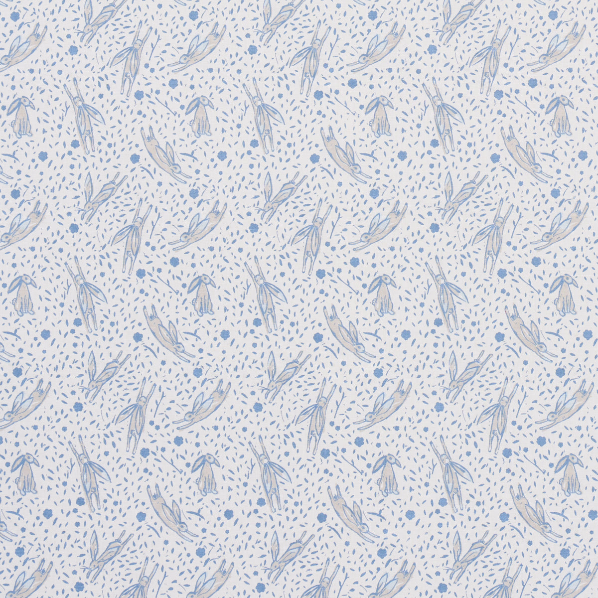 Soft blue botanical print with slender leaves and tiny dots on a light background; seamless fabric pattern.