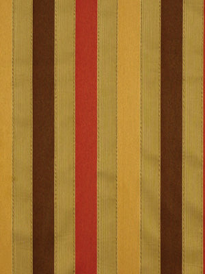 Vertical striped fabric in warm tones - gold, brown, red, and beige with stitched edges.