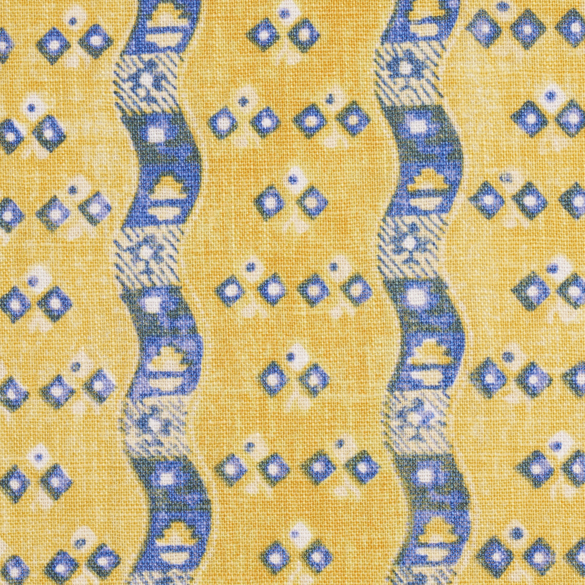 Yellow woven fabric with cobalt blue wavy vertical stripes and small diamond motifs; geometric print for apparel or decor.