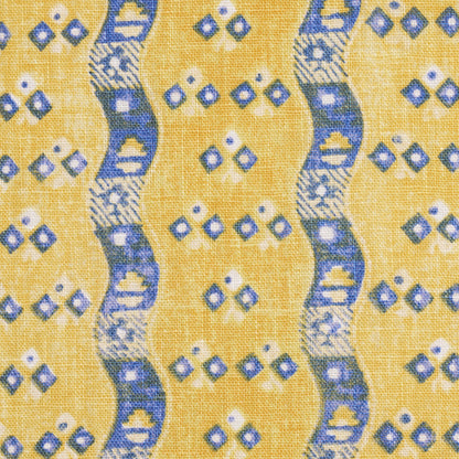 Yellow woven fabric with cobalt blue wavy vertical stripes and small diamond motifs; geometric print for apparel or decor.