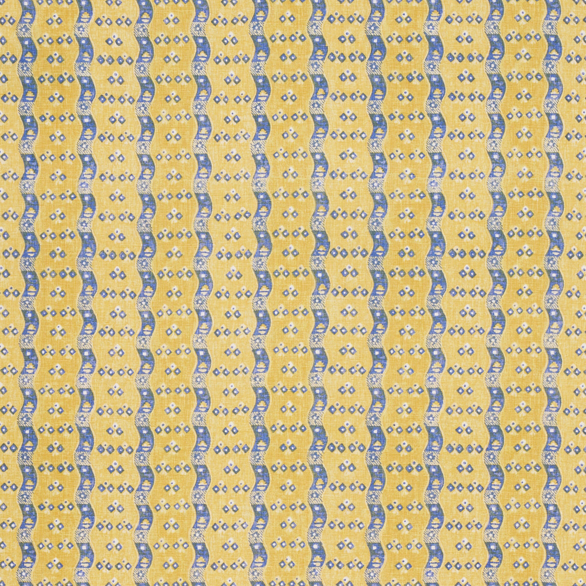 Yellow fabric with vertical blue wavy stripes and white dot accents, repeating textile pattern.