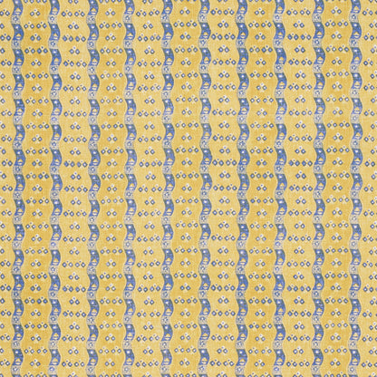 Yellow fabric with vertical blue wavy stripes and white dot accents, repeating textile pattern.