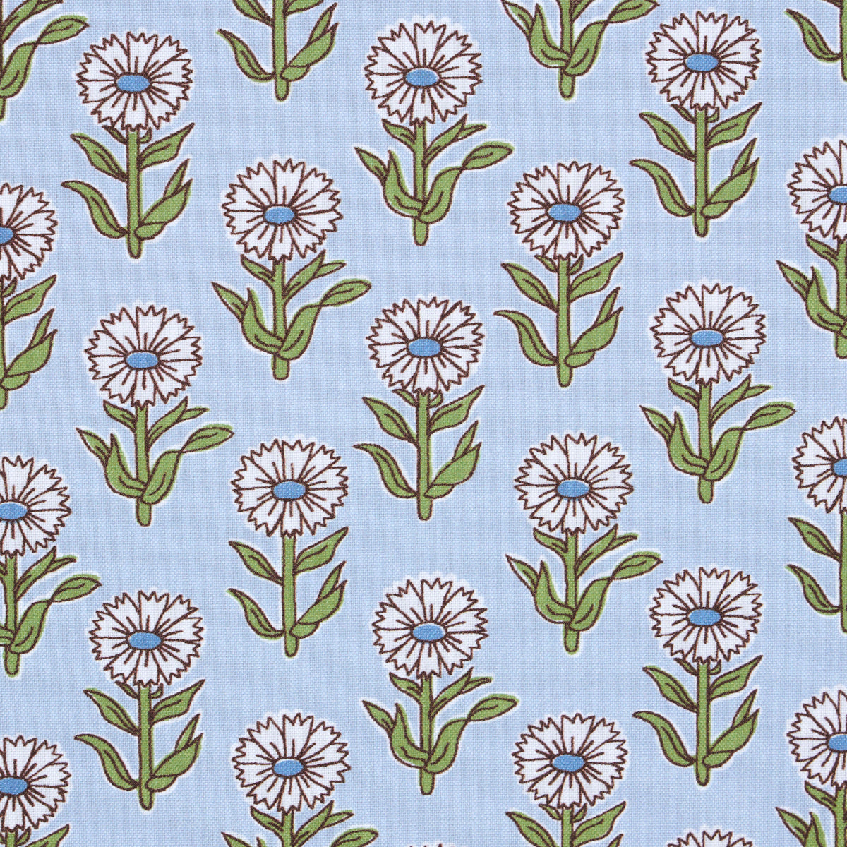 Light blue floral pattern with white daisy-like flowers, blue centers, and green stems.