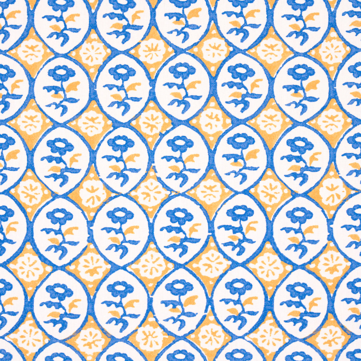 Blue oval medallions with floral motif on white, alternating yellow diamonds; bold tile-like wallpaper or fabric print.