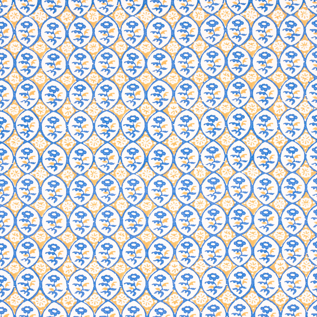 Repeating blue floral vine medallions enclosed in circles on a pale yellow lattice background; tile-like decorative pattern.
