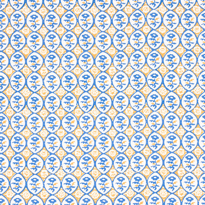 Repeating blue floral vine medallions enclosed in circles on a pale yellow lattice background; tile-like decorative pattern.
