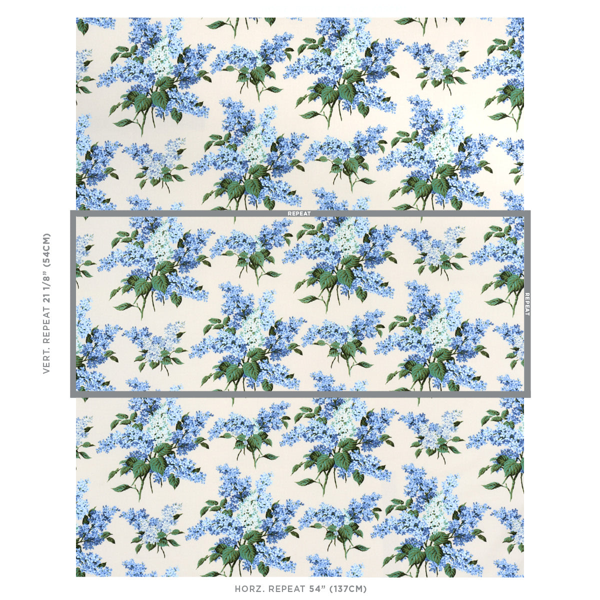 Cream background with blue hydrangea blooms and green leaves in a repeating floral wallpaper pattern.
