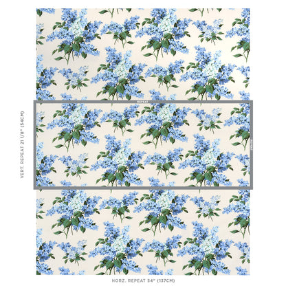 Cream background with blue hydrangea blooms and green leaves in a repeating floral wallpaper pattern.