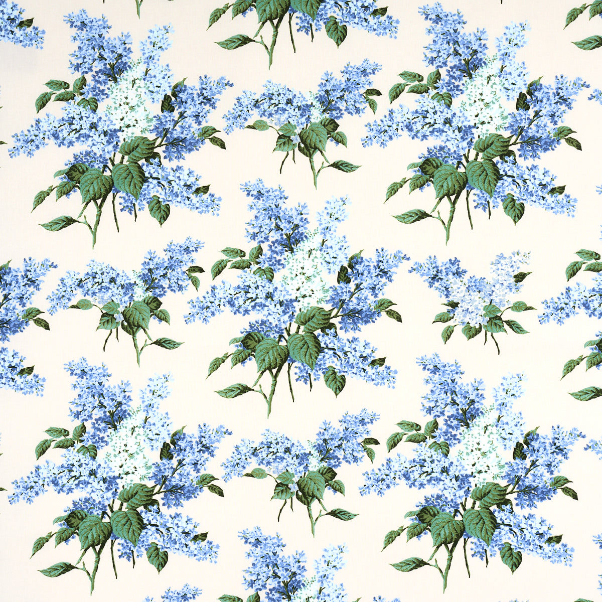 Cream background with blue lilac-like flower clusters and green leaves, botanical floral fabric pattern