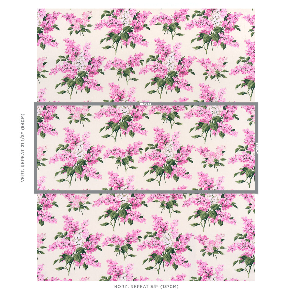 Cream wallpaper with pink lilac flowers and green stems; repeating botanical floral pattern for walls.
