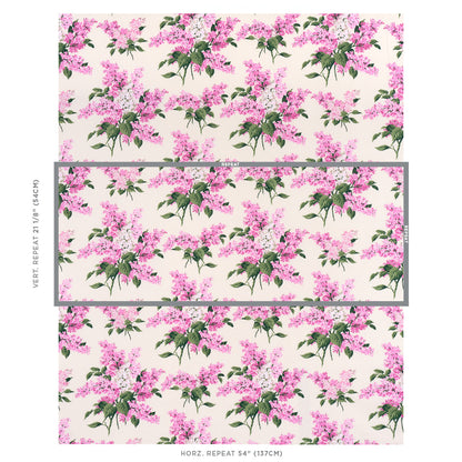 Cream wallpaper with pink lilac flowers and green stems; repeating botanical floral pattern for walls.