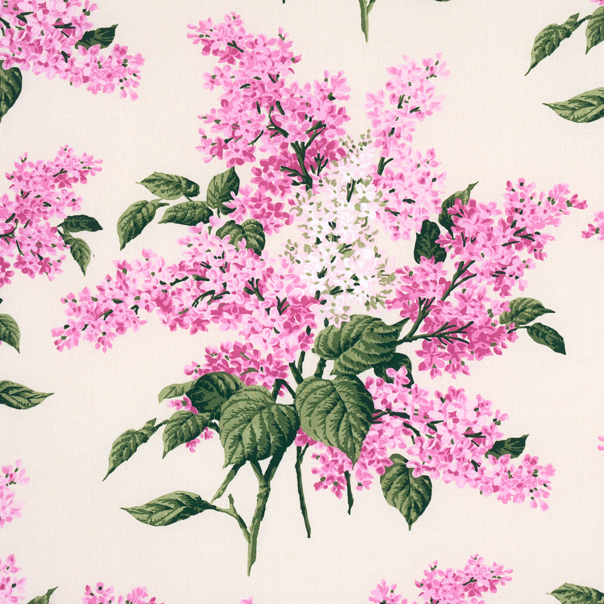Cream background floral pattern with pink lilac blossoms and green leaves.