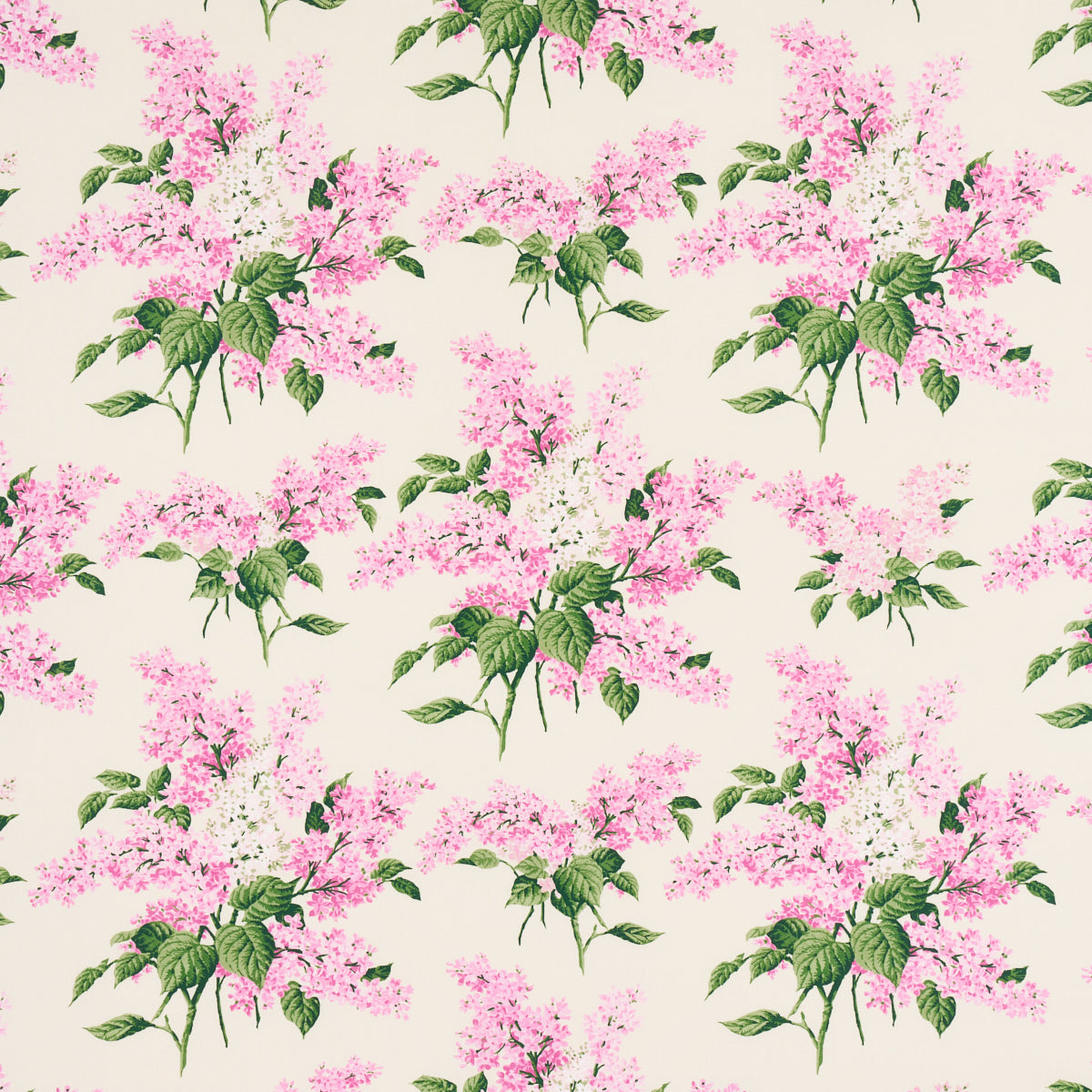 Cream background with pink lilac blossoms & green leaves in a repeating floral pattern.