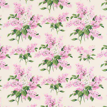 Cream background with pink lilac blossoms & green leaves in a repeating floral pattern.