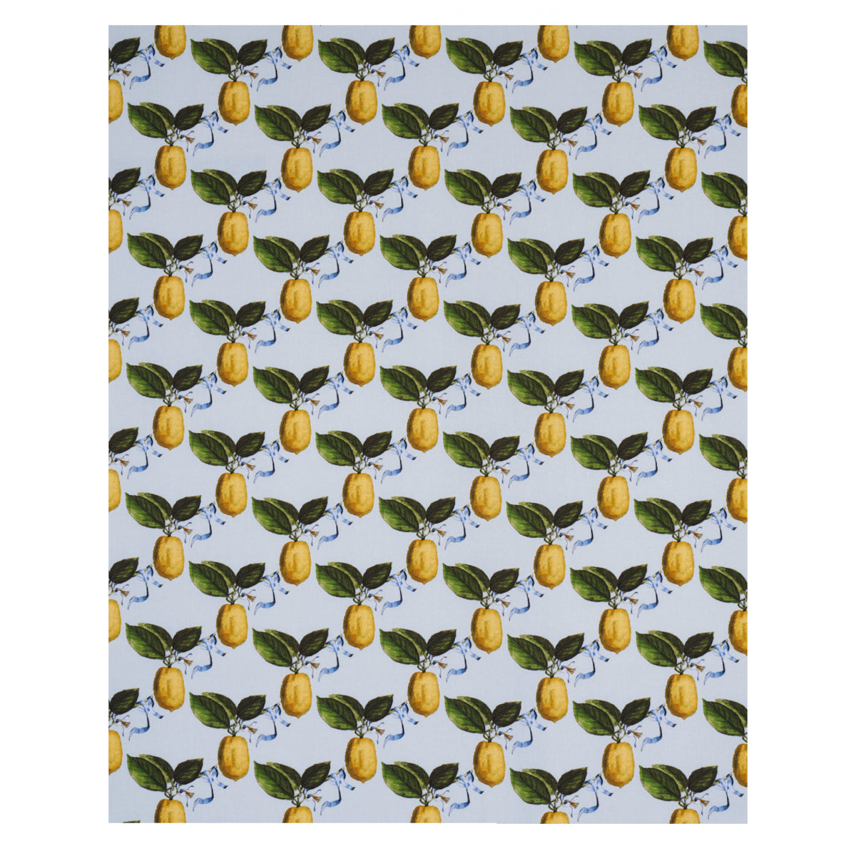 Repeating botanical pattern of yellow lemons with green leaves on a light blue background.