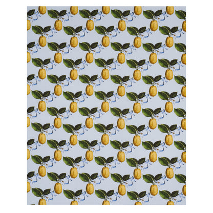 Repeating botanical pattern of yellow lemons with green leaves on a light blue background.