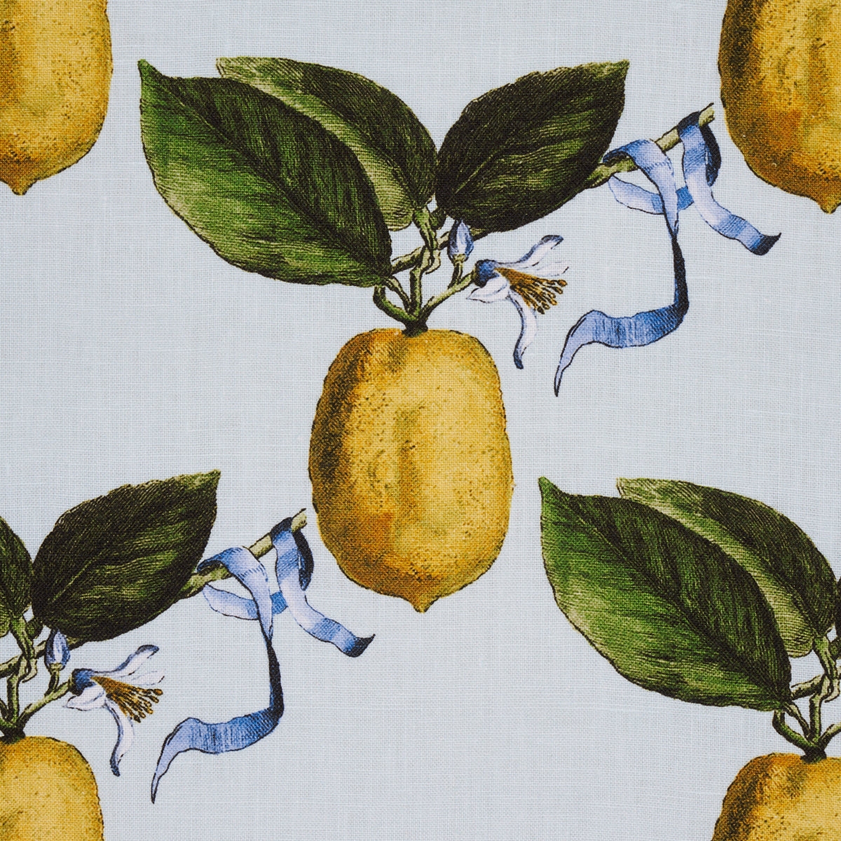 Lemon motif textile pattern: yellow lemons, green leaves, blue ribbons on pale blue background.