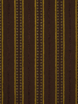 Brown fabric with vertical mustard-yellow stripes and dotted accents, woven upholstery textile.