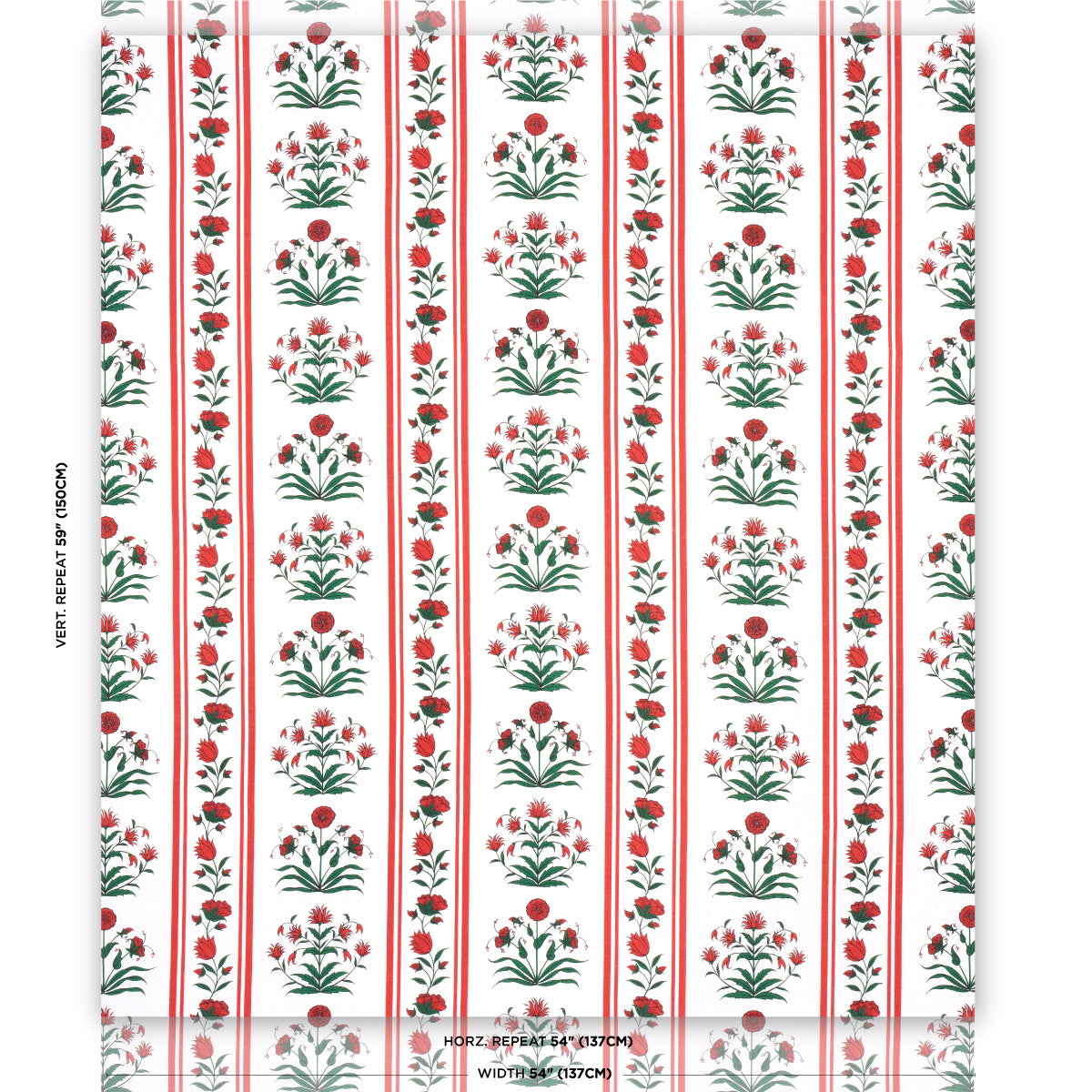 White wallpaper with repeating vertical red stripes and red poppy motifs; a classic botanical pattern.