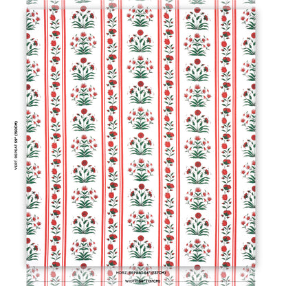White wallpaper with repeating vertical red stripes and red poppy motifs; a classic botanical pattern.
