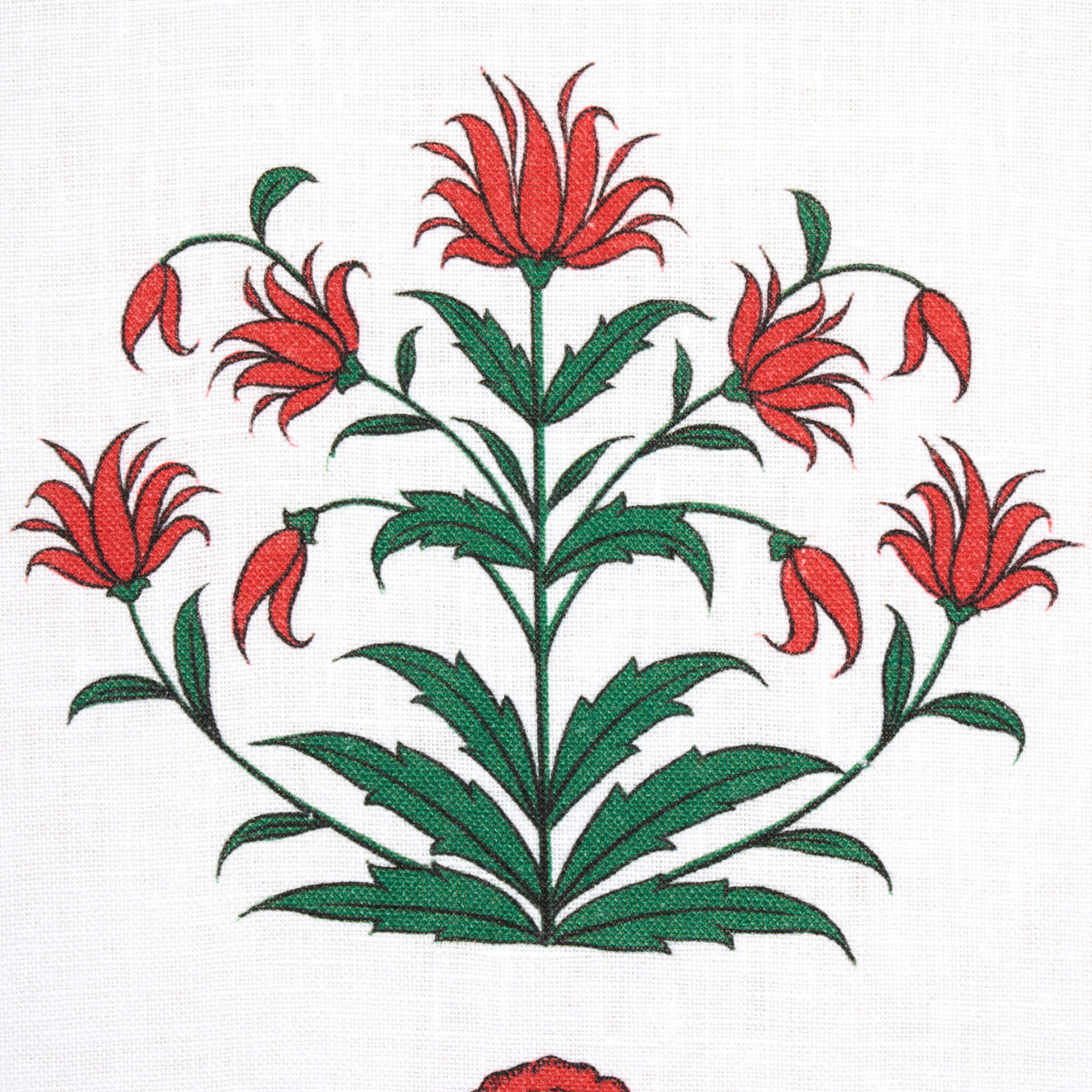 Red and green floral print with a tall central stem and blooming red flowers on white fabric.