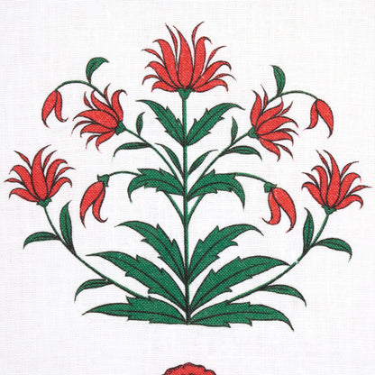 Red and green floral print with a tall central stem and blooming red flowers on white fabric.