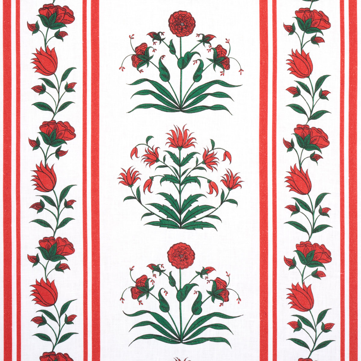 Red poppies with green leaves on white background, vertical stripe borders and central floral panels; folk textile design.