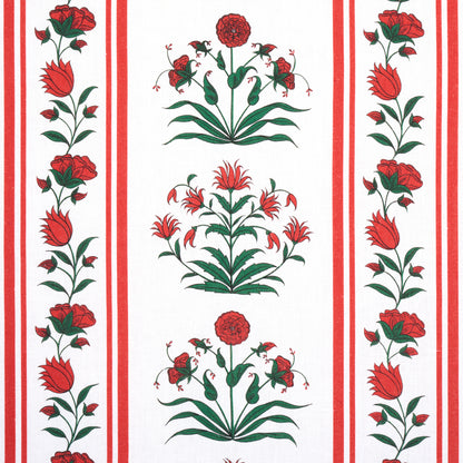 Red poppies with green leaves on white background, vertical stripe borders and central floral panels; folk textile design.