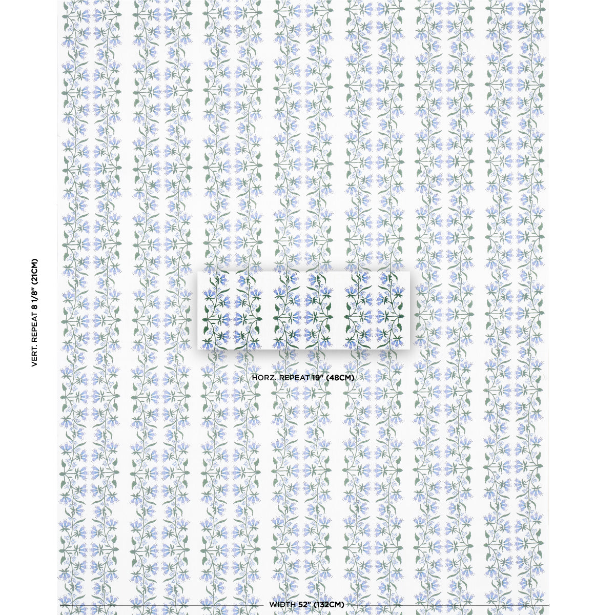 Blue floral wallpaper with vertical repeating stems and small blossoms on white background; delicate damask-style pattern.