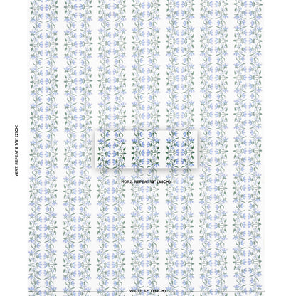 Blue floral wallpaper with vertical repeating stems and small blossoms on white background; delicate damask-style pattern.