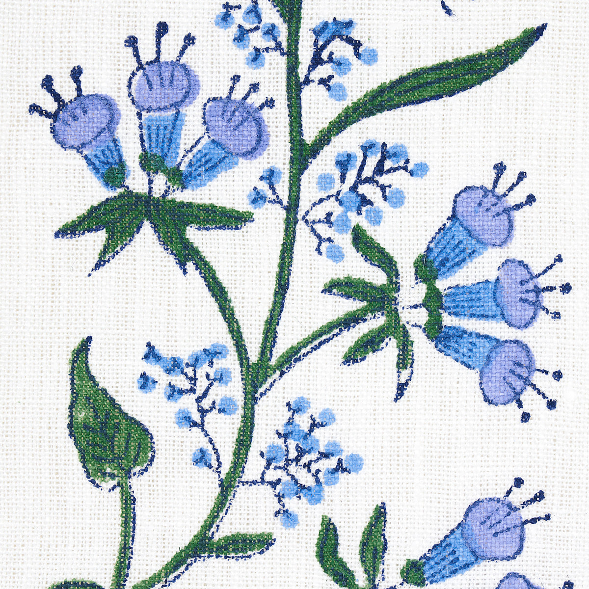 Hand block print lilac floral pattern with green stems and leaves on white fabric.