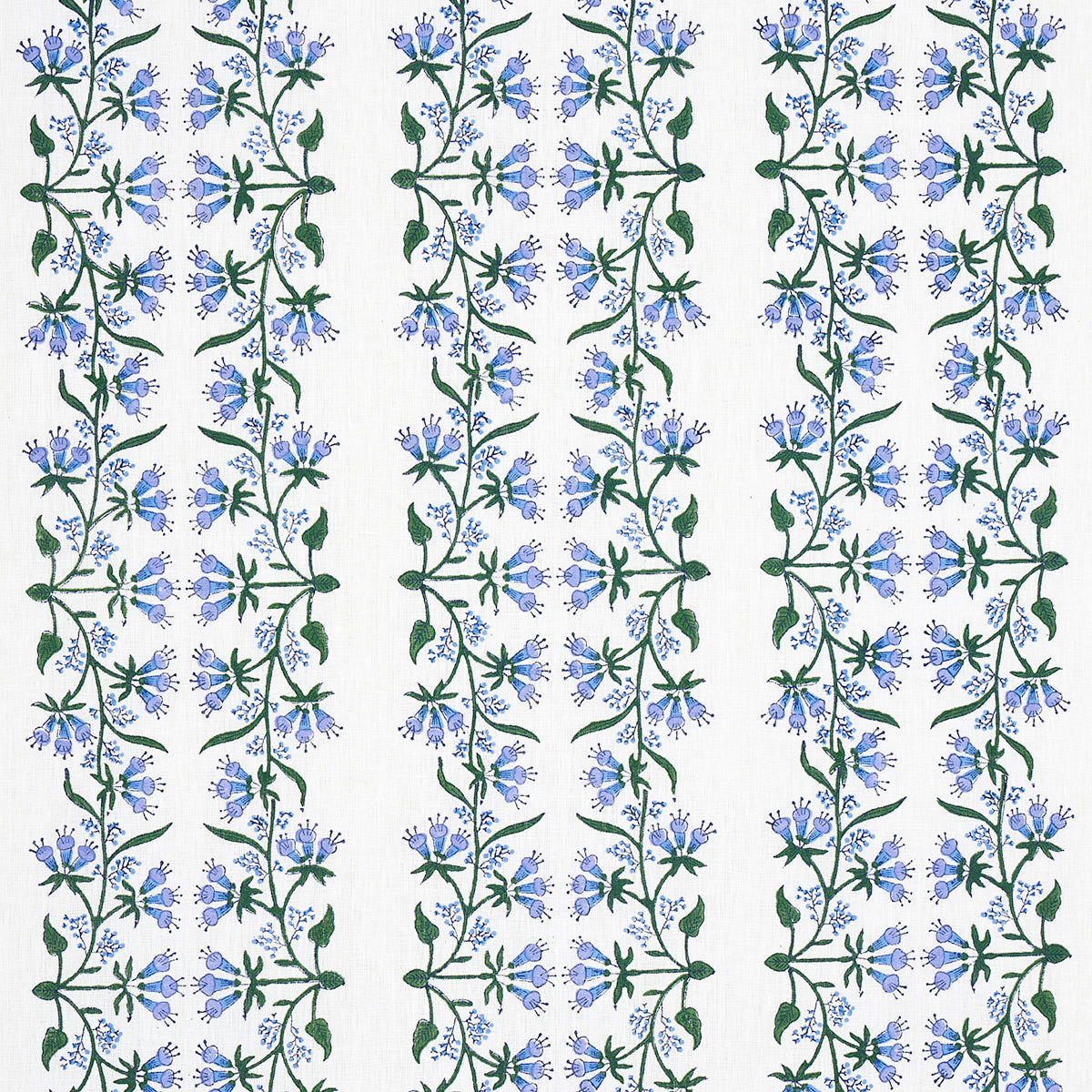 Vertical floral vine pattern with lilac blossoms and green stems on a white background; repeat pattern for fabric or wallpaper.