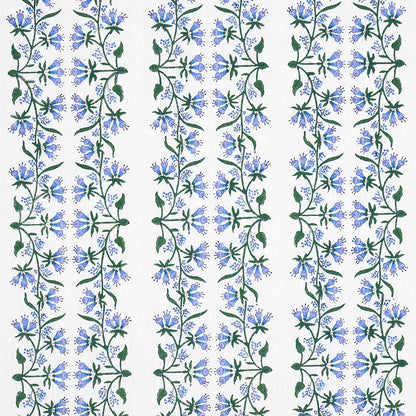 Vertical floral vine pattern with lilac blossoms and green stems on a white background; repeat pattern for fabric or wallpaper.