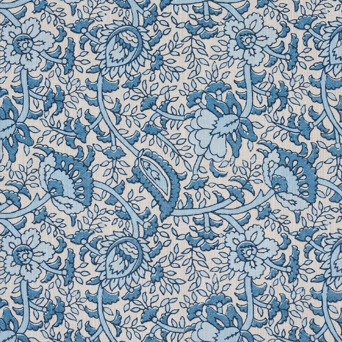 Blue floral pattern with intertwining vines and paisley-like blossoms on a beige background