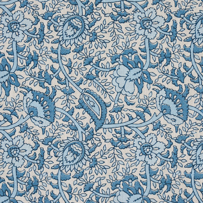 Blue floral pattern with intertwining vines and paisley-like blossoms on a beige background