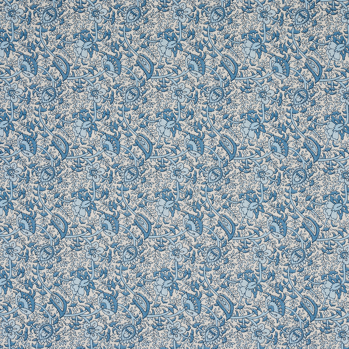 Beige fabric with blue damask floral pattern and scrolling vines; elegant upholstery or wallpaper textile.
