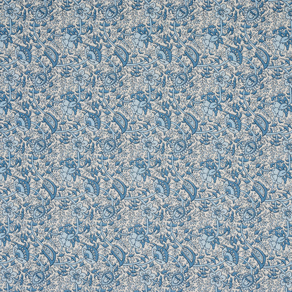 Beige fabric with blue damask floral pattern and scrolling vines; elegant upholstery or wallpaper textile.