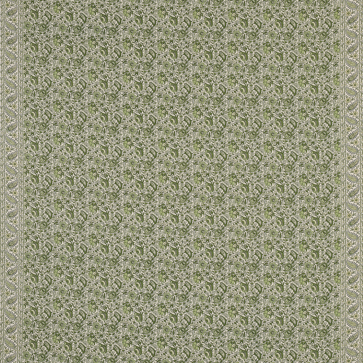 Olive-green damask rug with beige floral motifs and decorative borders along the edges.