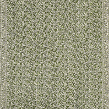 Olive-green damask rug with beige floral motifs and decorative borders along the edges.