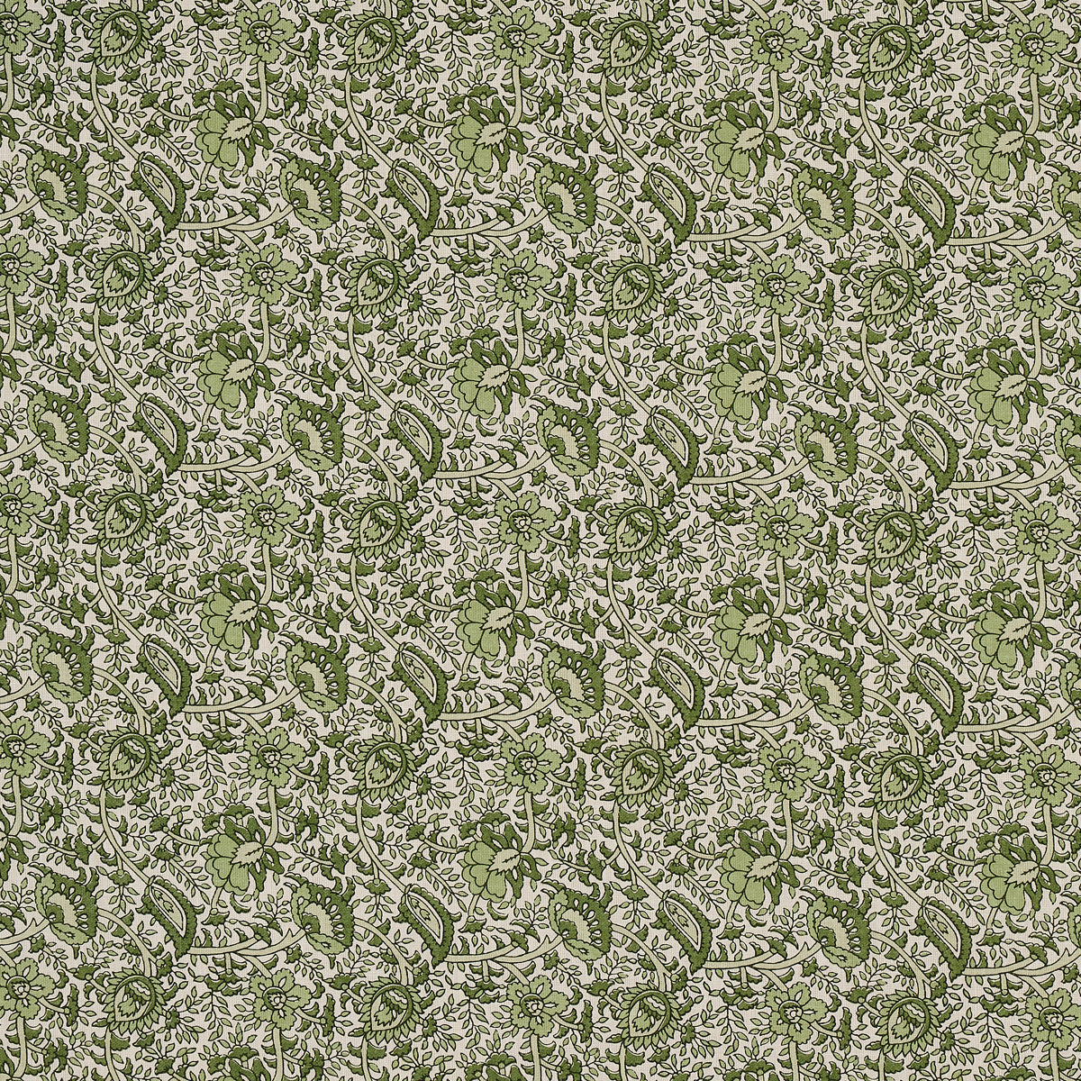 Olive green floral vine pattern on beige fabric; vintage damask-style textile for upholstery or drapery.