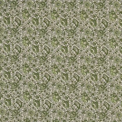 Olive green floral vine pattern on beige fabric; vintage damask-style textile for upholstery or drapery.