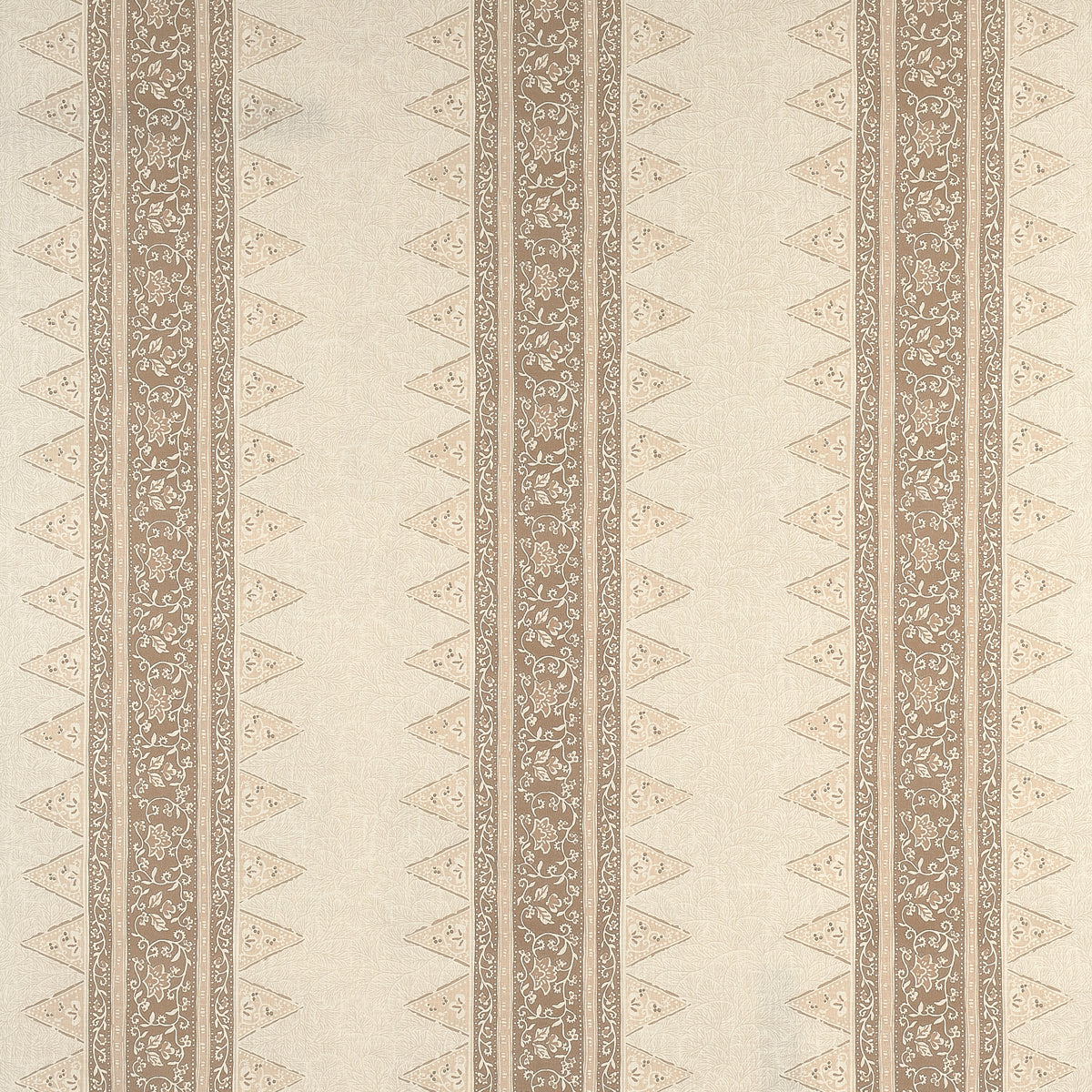 Beige wallpaper with vertical brown damask stripes, floral scrolls and triangle border motifs; vintage classic style.