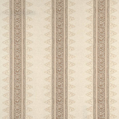Beige wallpaper with vertical brown damask stripes, floral scrolls and triangle border motifs; vintage classic style.