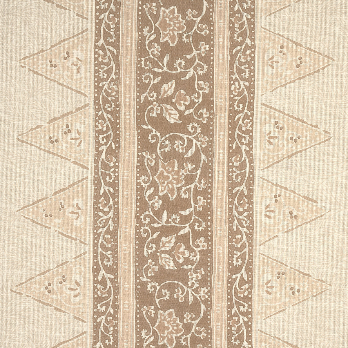 Beige and brown damask patterned textile or rug with central floral stripe and triangular side motifs.