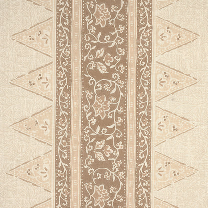 Beige and brown damask patterned textile or rug with central floral stripe and triangular side motifs.