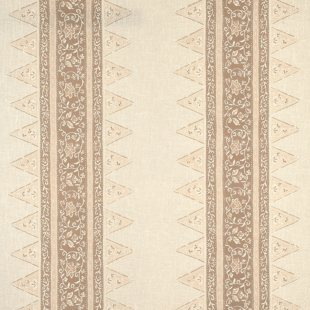 Patterned beige indoor/outdoor print with vertical taupe damask stripes and triangular edge motifs.