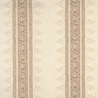 Patterned beige indoor/outdoor print with vertical taupe damask stripes and triangular edge motifs.