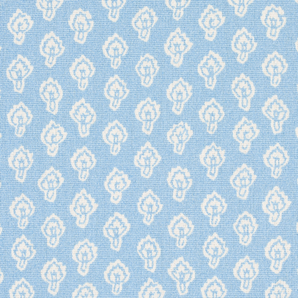 Light blue woven fabric with a repeating white teardrop/diamond floral motif; decorative textile.