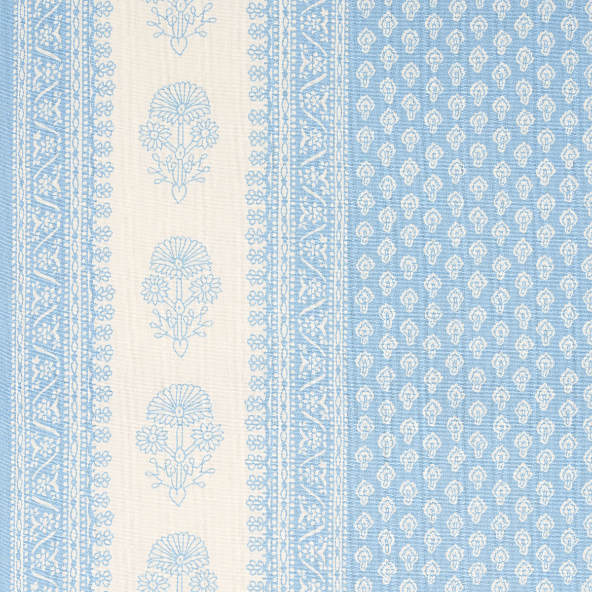 Blue and ivory printed fabric featuring a beige vertical stripe with blue floral medallions and a blue field with motifs.